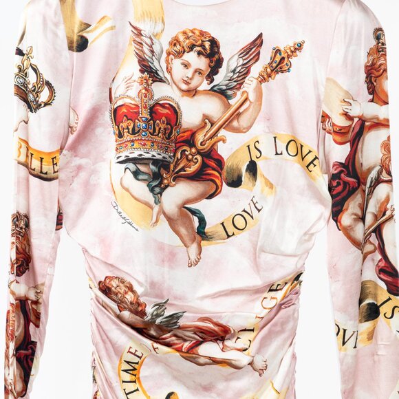 Dolce & Gabbana SS18 Pink Silk-Satin Cherub-Print Midi Dress - Picture 4 of 10